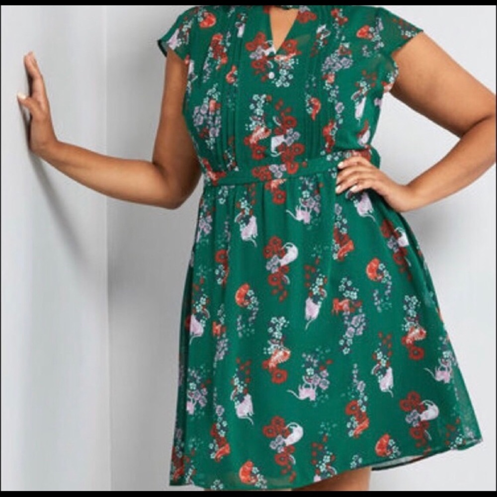NWOT/EUC ModCloth Green Oh Say Can Museum Cat Dress